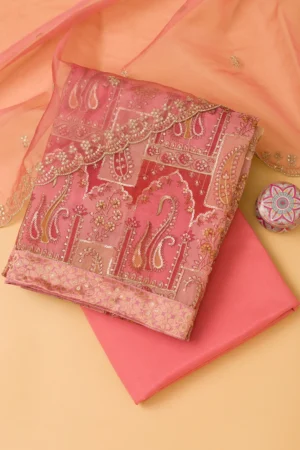 Pink Sequins Organza Unstitched Salwar Suit
