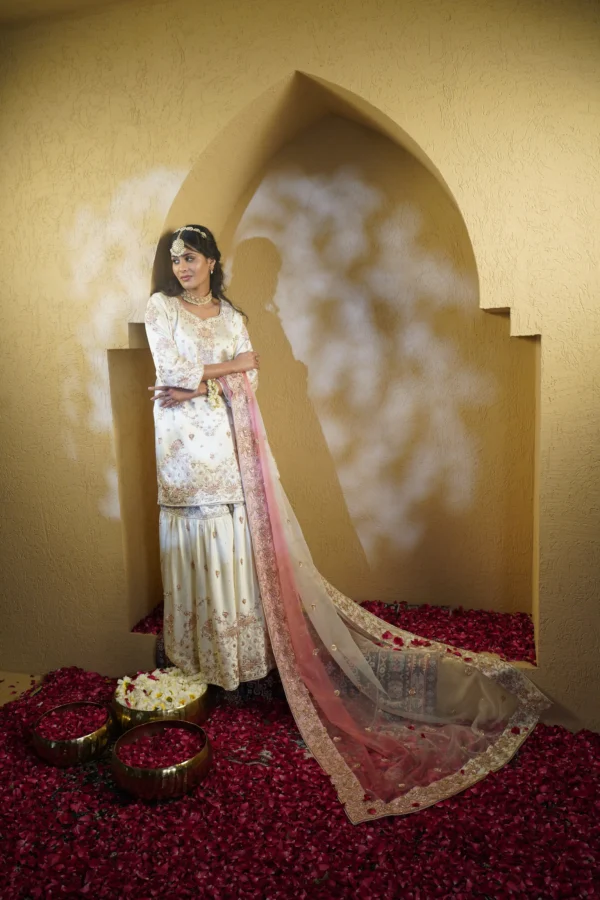 Ivory & Blush Bridal Gharara – Handcrafted in Zardozi & Dabka Elegance - Image 2