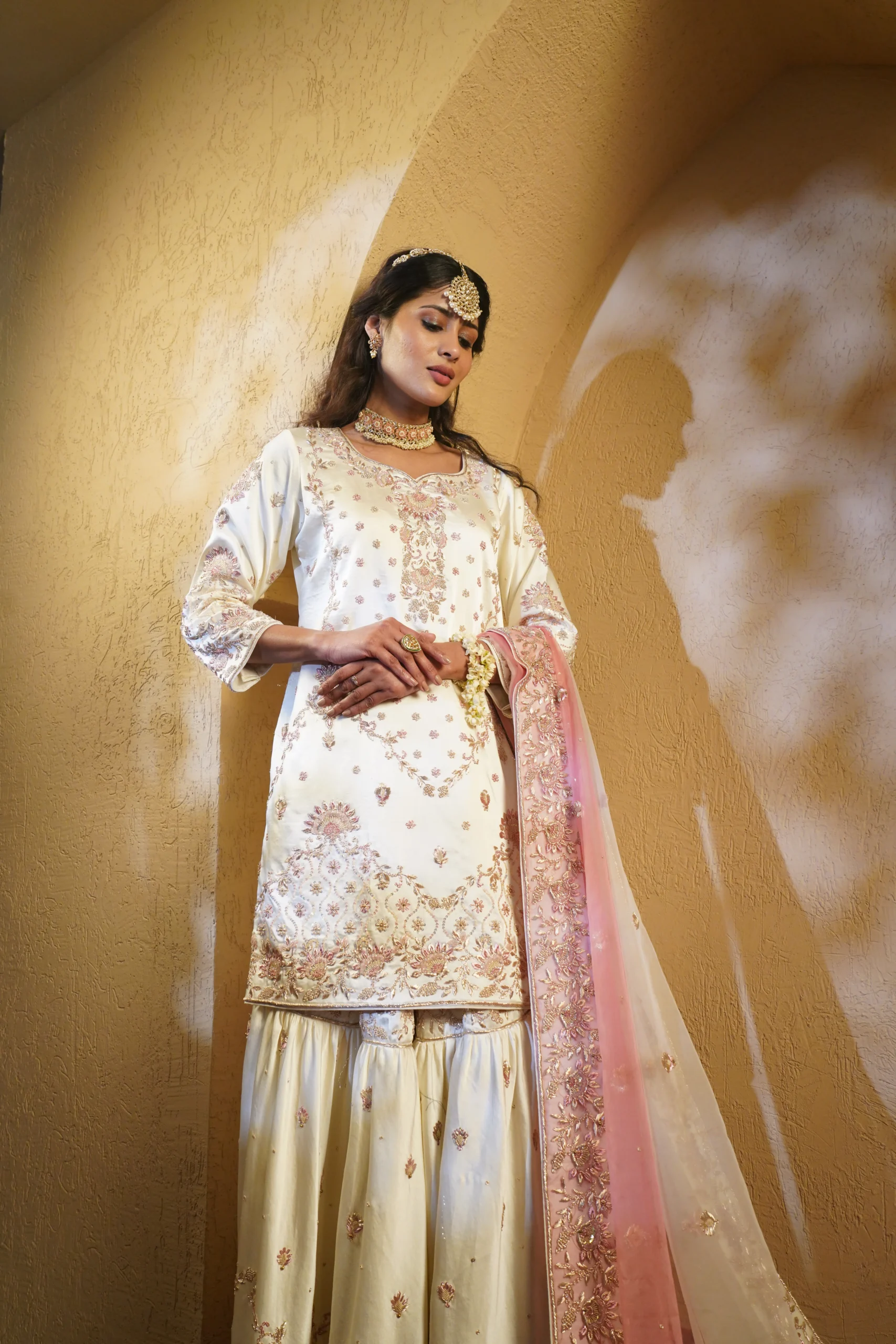 Ivory & Blush Bridal Gharara – Handcrafted in Zardozi & Dabka Elegance