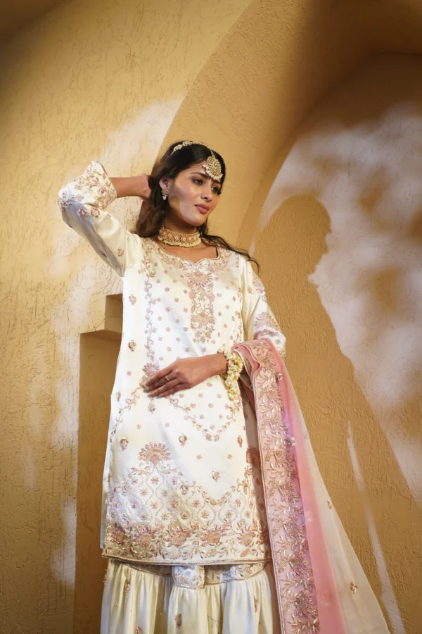 Ivory & Blush Bridal Gharara – Handcrafted in Zardozi & Dabka Elegance - Image 3