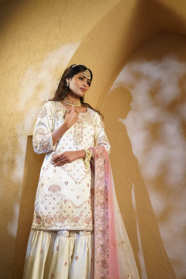 Ivory & Blush Bridal Gharara – Handcrafted in Zardozi & Dabka Elegance - Image 4