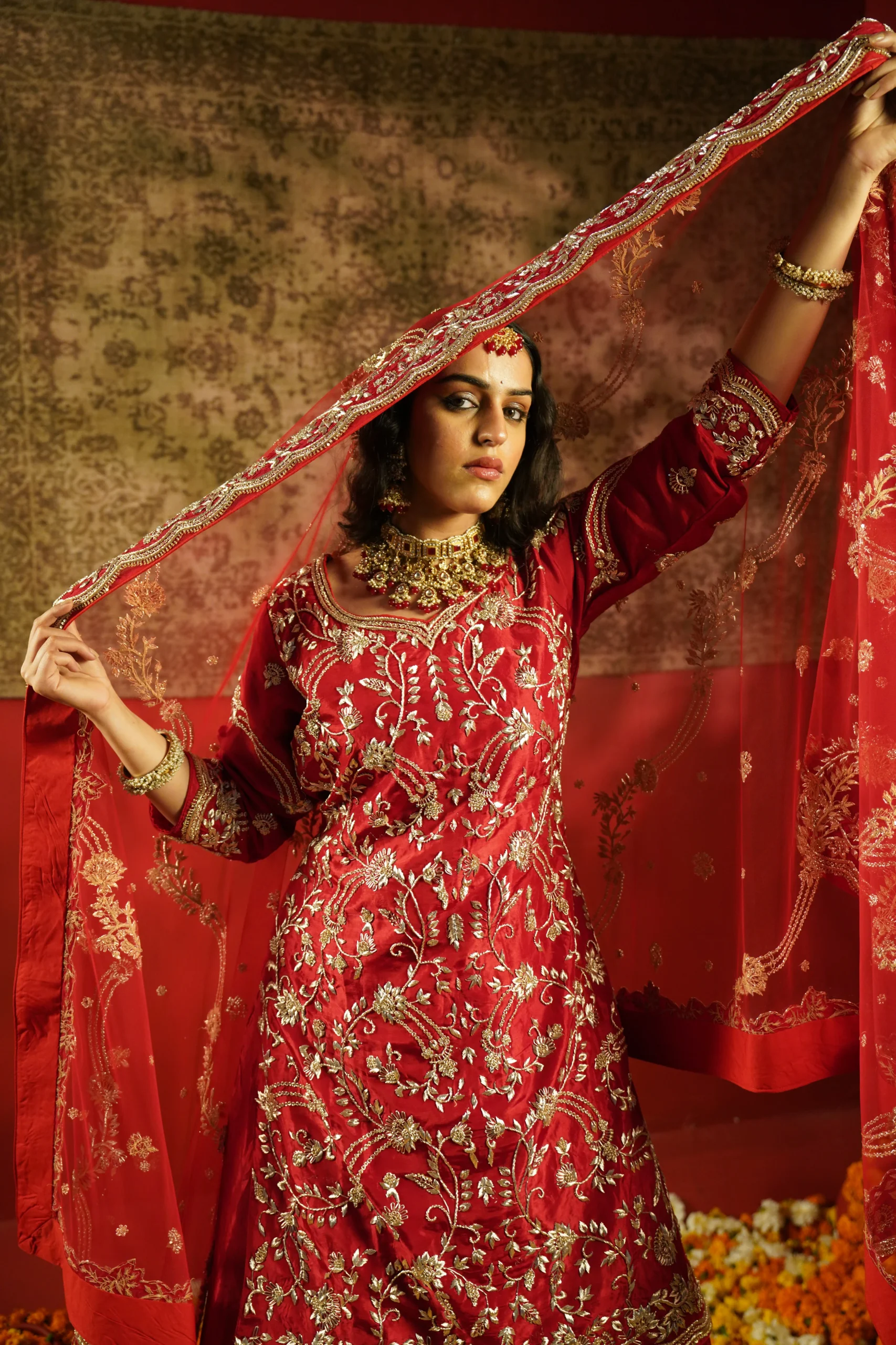 Farshi Lehenga in Crimson Red