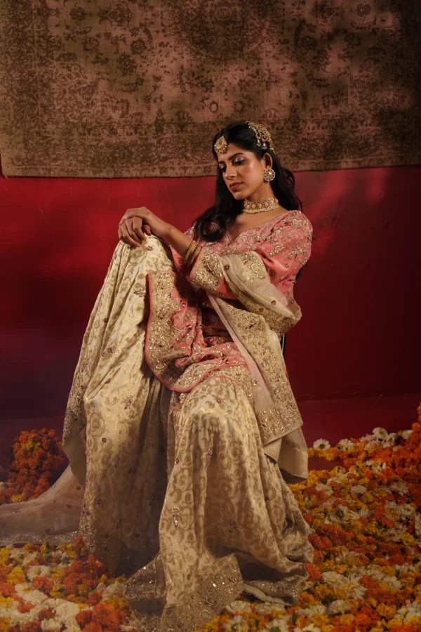 Blush Pink Zardozi & Dabka Bridal Gharara Set - Image 2