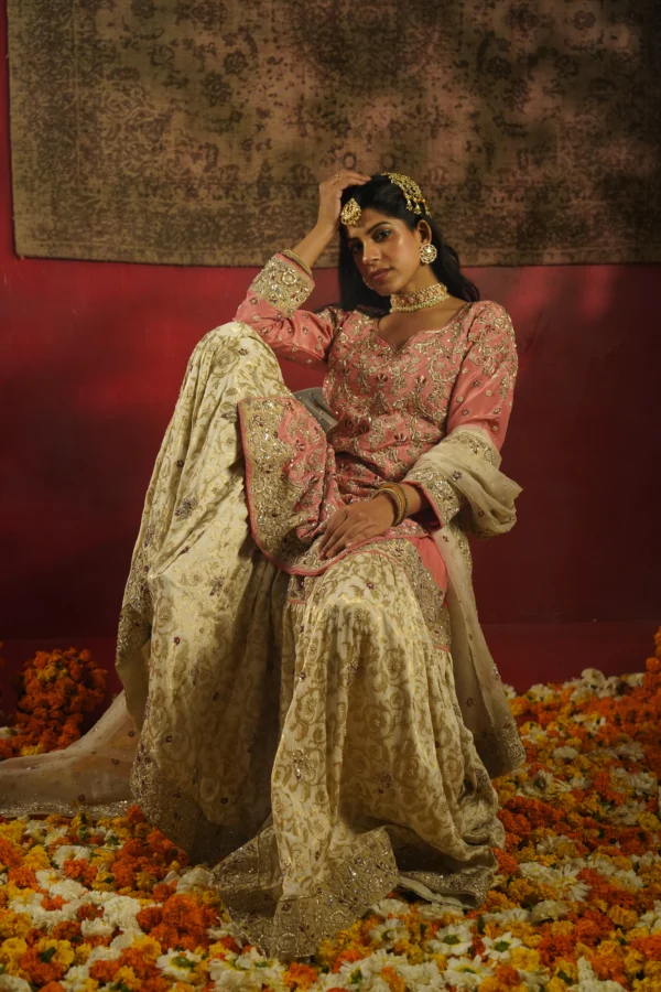 Blush Pink Zardozi & Dabka Bridal Gharara Set - Image 3