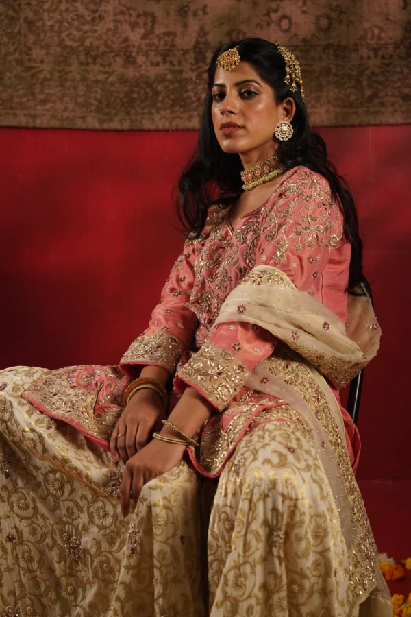 Blush Pink Zardozi & Dabka Bridal Gharara Set - Image 4