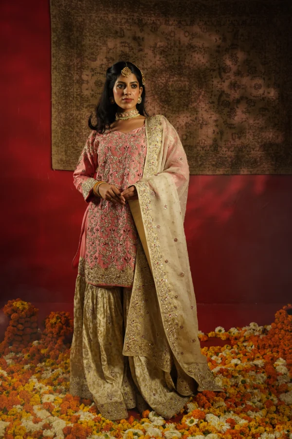 Blush Pink Zardozi & Dabka Bridal Gharara Set