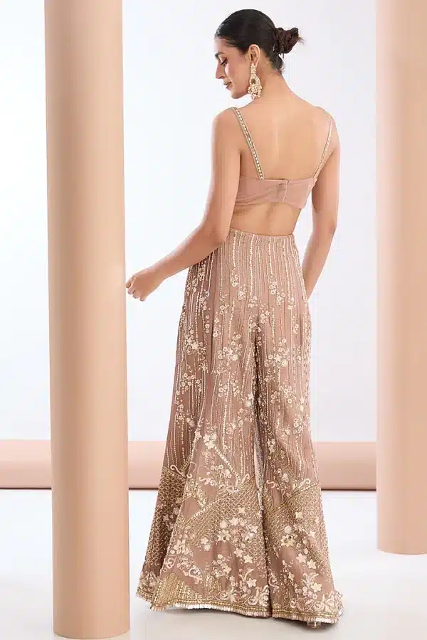 Dusty Mauve Tulle Net & Raw Silk Hand Embroidered Jacket Set - Image 4