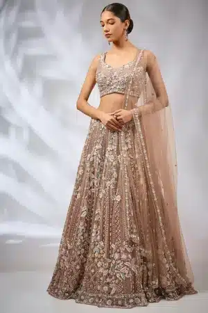 Onion Pink Tulle Net & Silk Hand Embroidered Lehenga Set