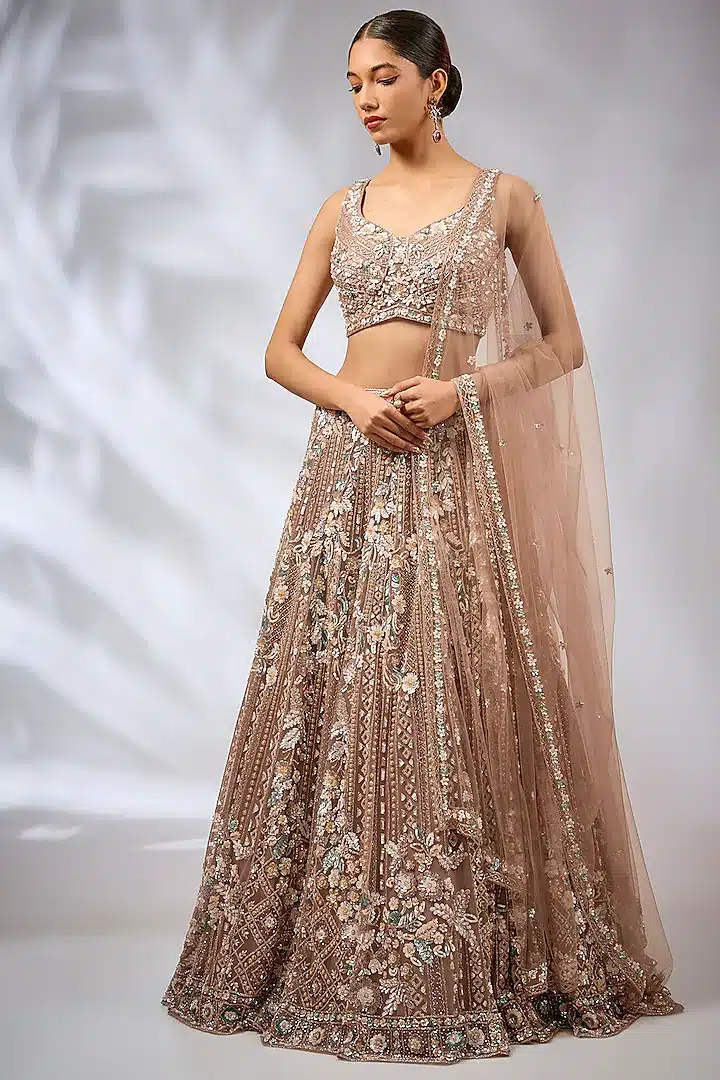 Onion Pink Tulle Net & Silk Hand Embroidered Lehenga Set
