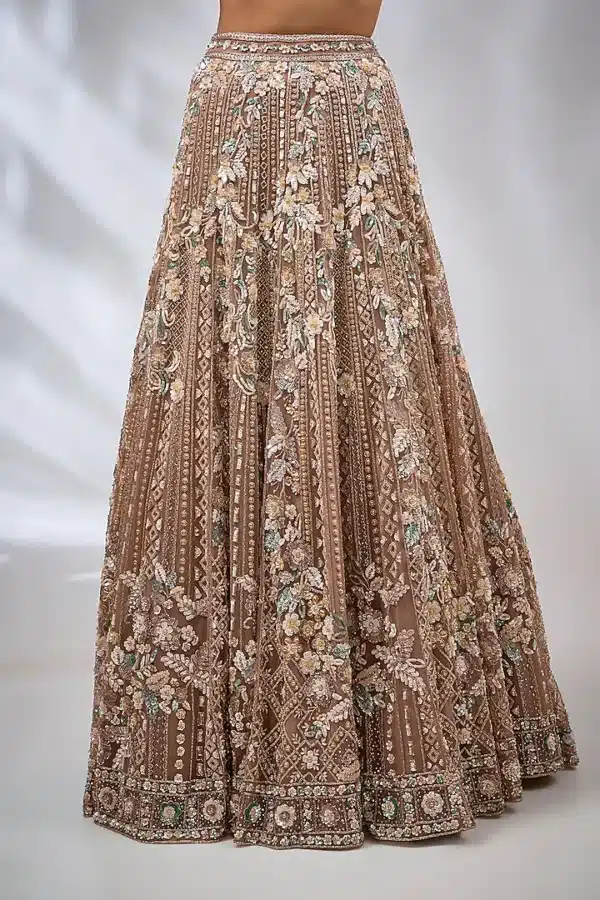 Onion Pink Tulle Net & Silk Hand Embroidered Lehenga Set - Image 3