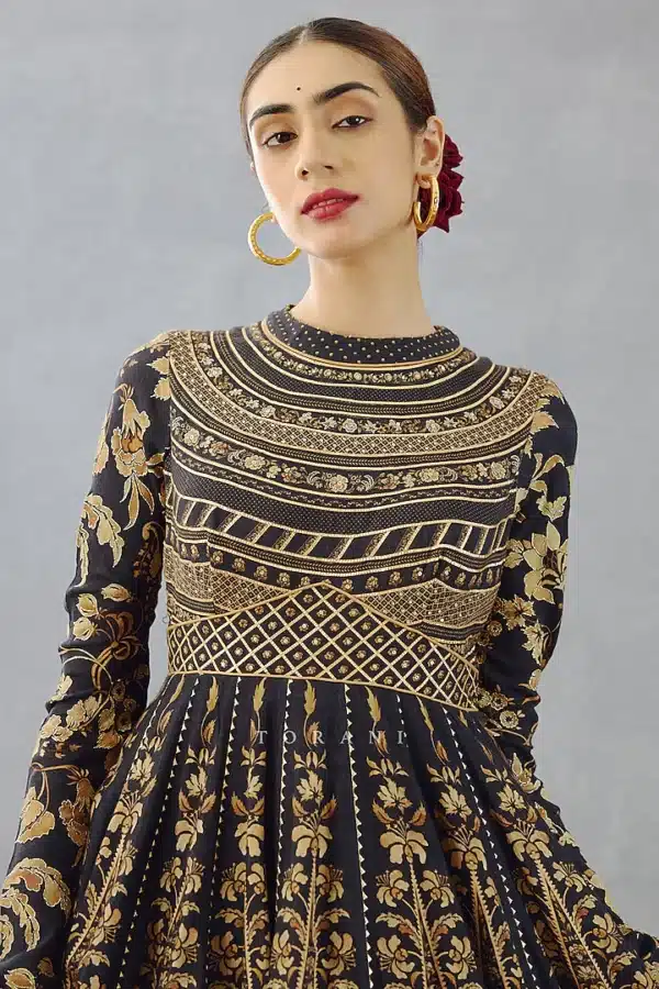 Black Slub Silk & Silk Organza Printed Anarkali Set - Image 3