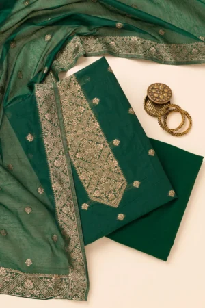 Bottle Green Zariwork Soft Silk Unstitched Salwar Suit