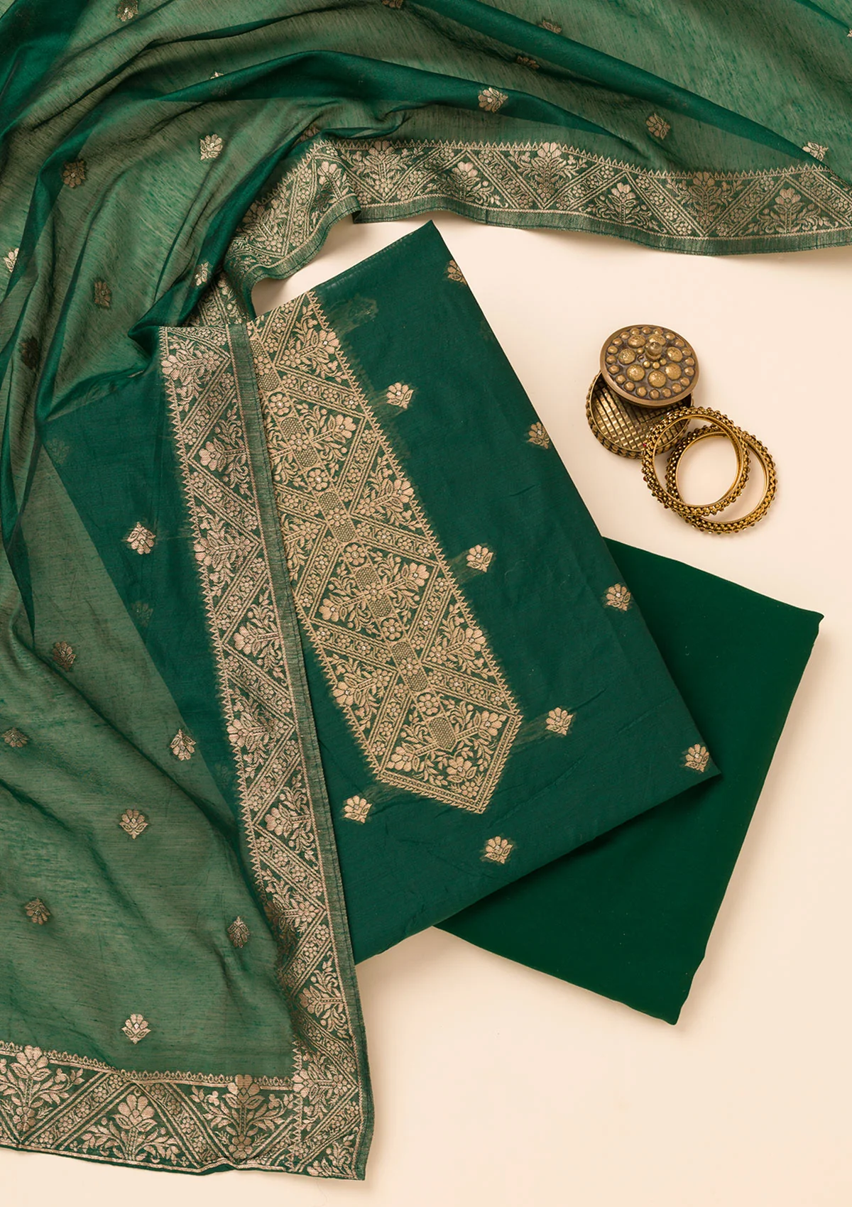 Bottle Green Zariwork Soft Silk Unstitched Salwar Suit