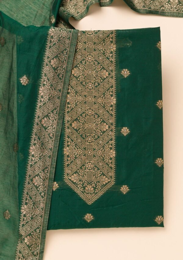 Bottle Green Zariwork Soft Silk Unstitched Salwar Suit - Image 5