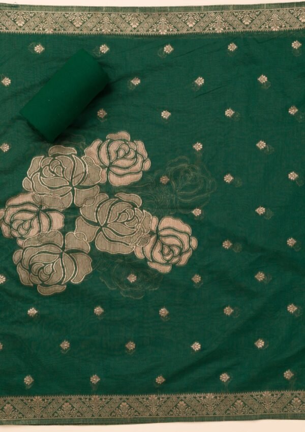 Bottle Green Zariwork Soft Silk Unstitched Salwar Suit - Image 4