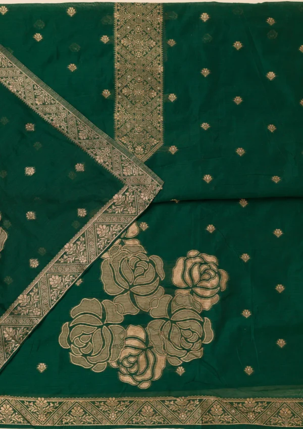 Bottle Green Zariwork Soft Silk Unstitched Salwar Suit - Image 2
