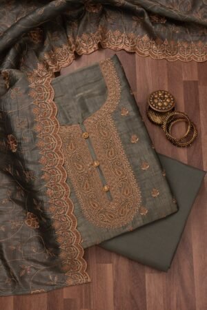 Mehendi Threadwork Raw Silk Unstitched Salwar Suit