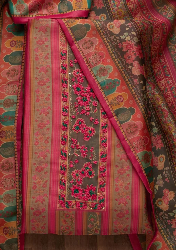 Pink Threadwork Chanderi Unstitched Salwar Suit - Image 5