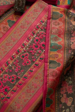 Pink Threadwork Chanderi Unstitched Salwar Suit