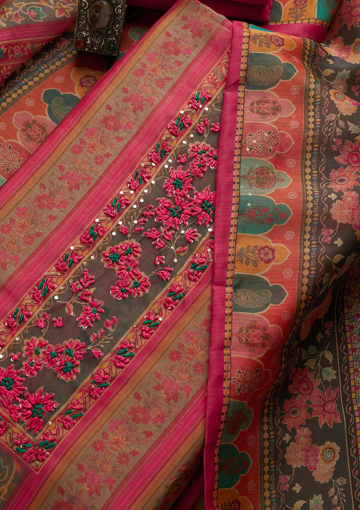 Pink Threadwork Chanderi Unstitched Salwar Suit