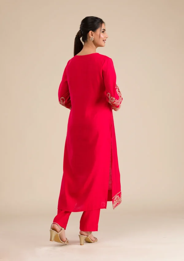 Red Zariwork Semi Crepe Readymade Salwar Suit - Image 3