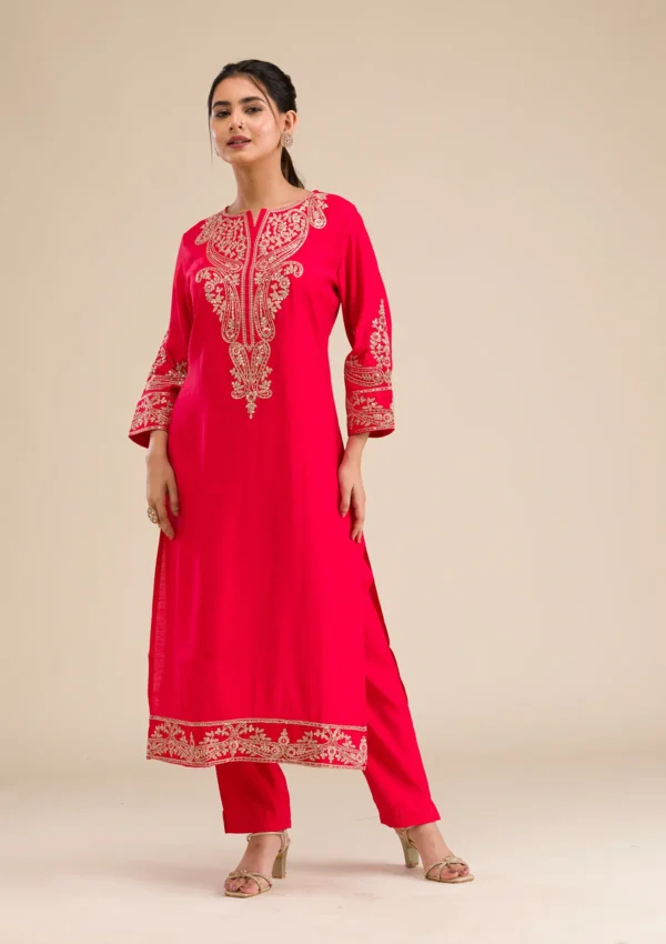 Red Zariwork Semi Crepe Readymade Salwar Suit - Image 4