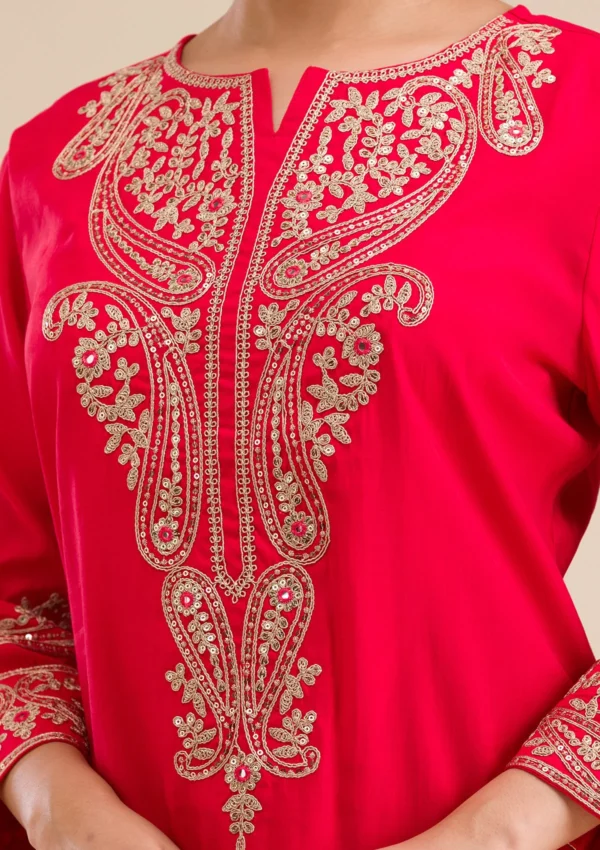Red Zariwork Semi Crepe Readymade Salwar Suit - Image 5