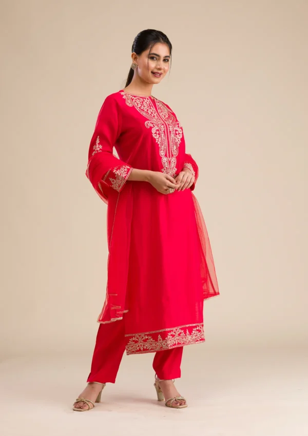 Red Zariwork Semi Crepe Readymade Salwar Suit - Image 2