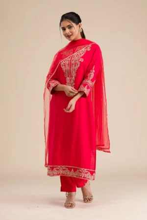 Red Zariwork Semi Crepe Readymade Salwar Suit