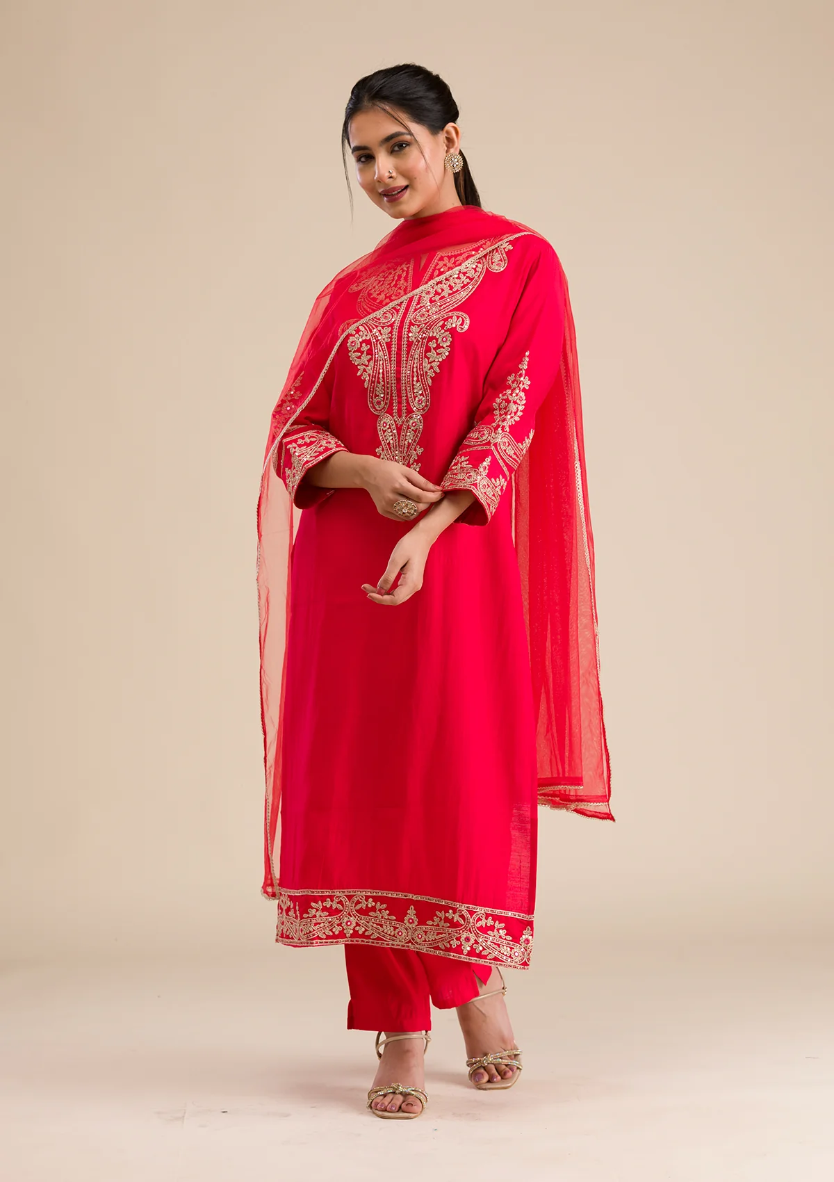 Red Zariwork Semi Crepe Readymade Salwar Suit