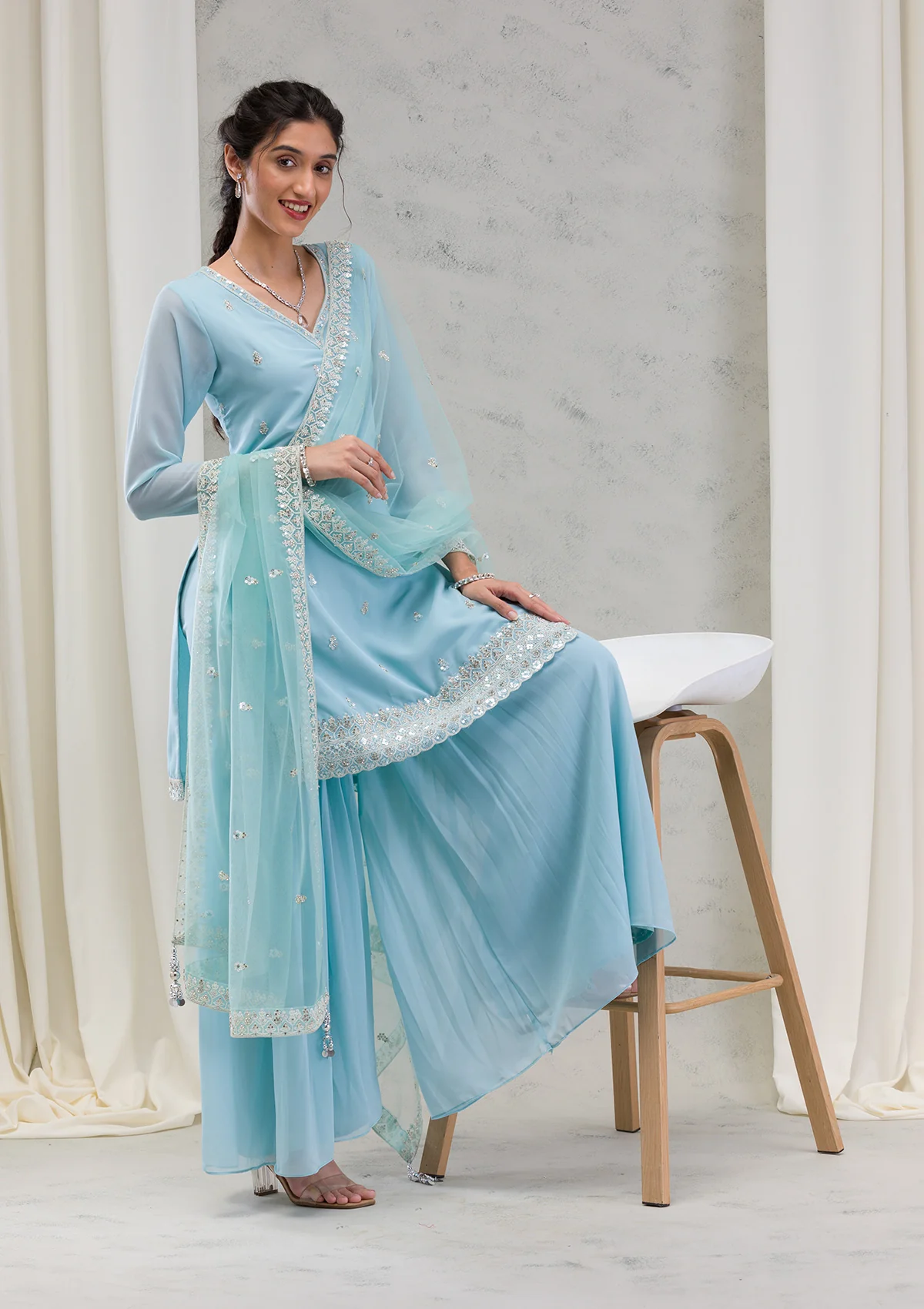 Sea Green Stonework Georgette Readymade Salwar Suit