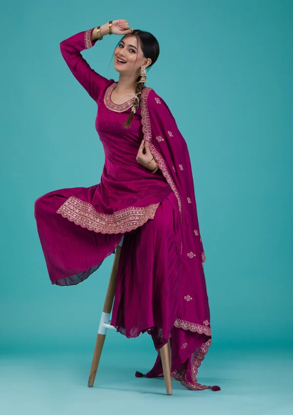 Wine Zariwork Raw Silk Readymade Sharara Suit - Image 4
