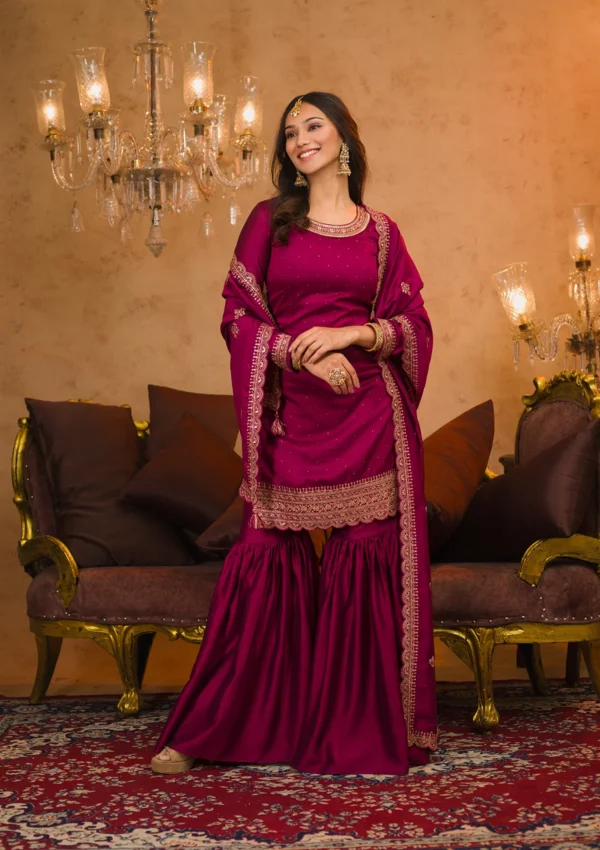 Wine Zariwork Raw Silk Readymade Sharara Suit - Image 3