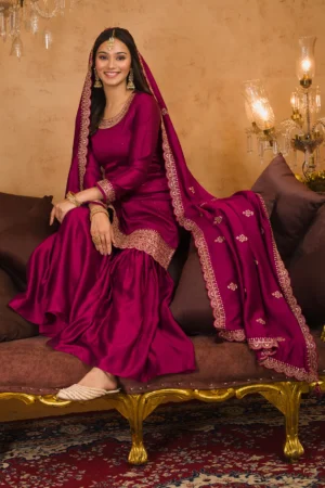 Wine Zariwork Raw Silk Readymade Sharara Suit