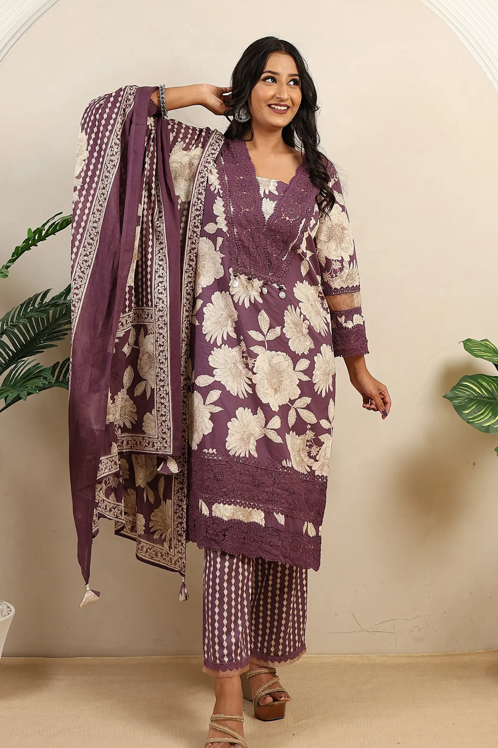 Purple Cotton A-Line Suit with Cutwork on the Neck - Image 2