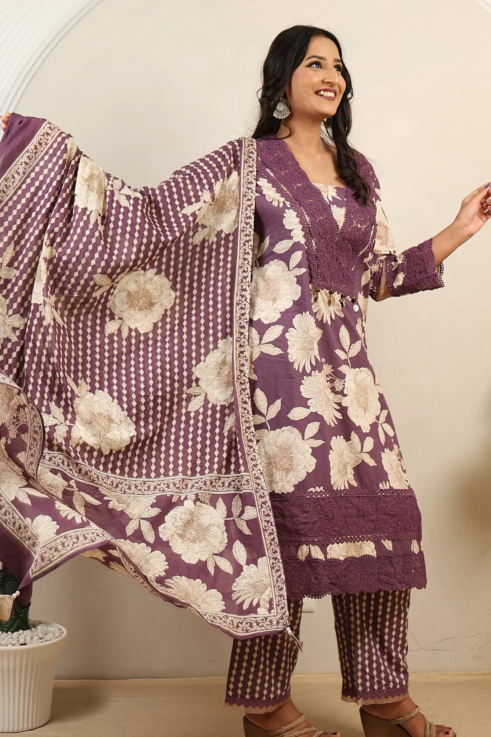 Purple Cotton A-Line Suit with Cutwork on the Neck - Image 4