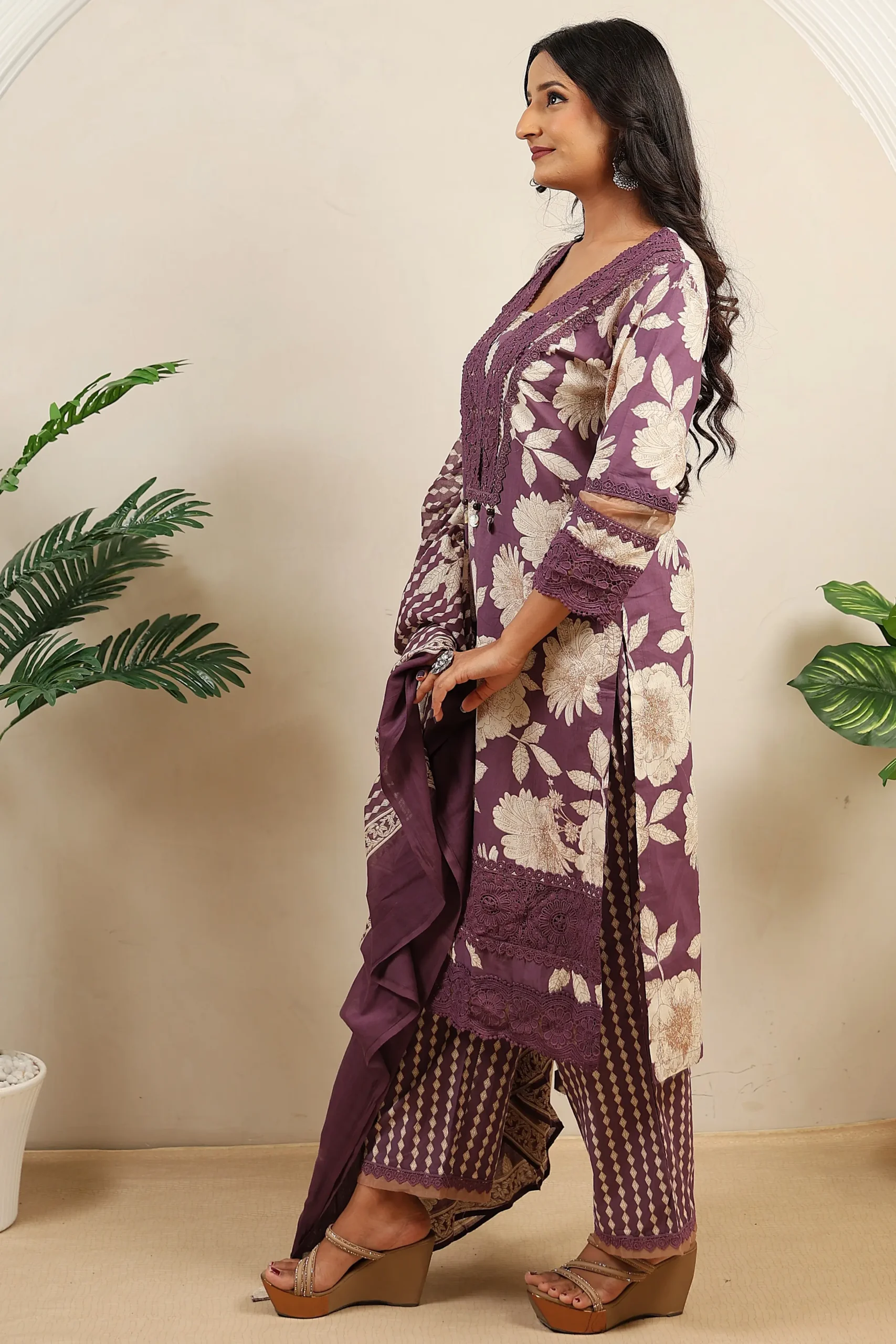 Purple Cotton A-Line Suit with Cutwork on the Neck - Image 5