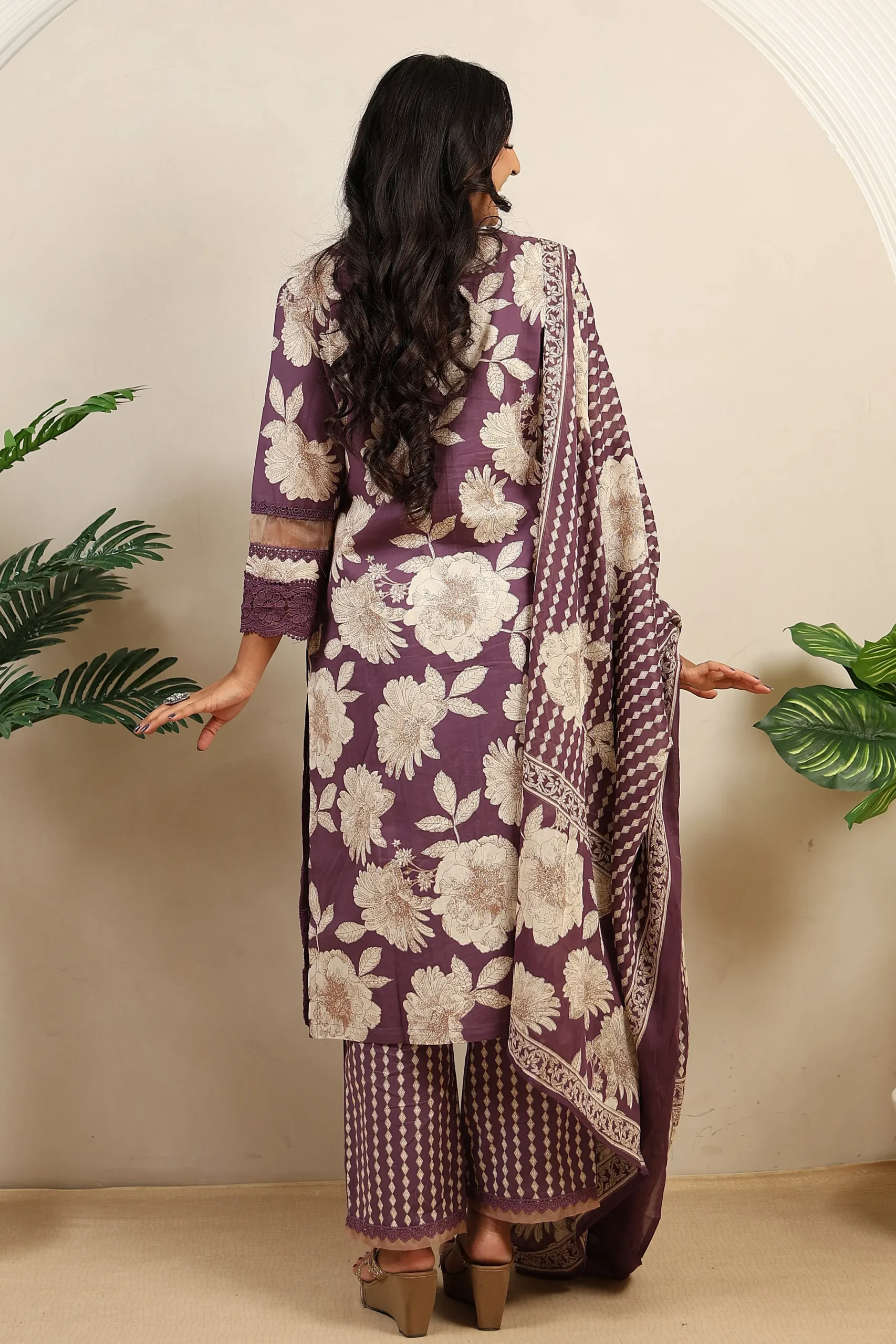 Purple Cotton A-Line Suit with Cutwork on the Neck - Image 6