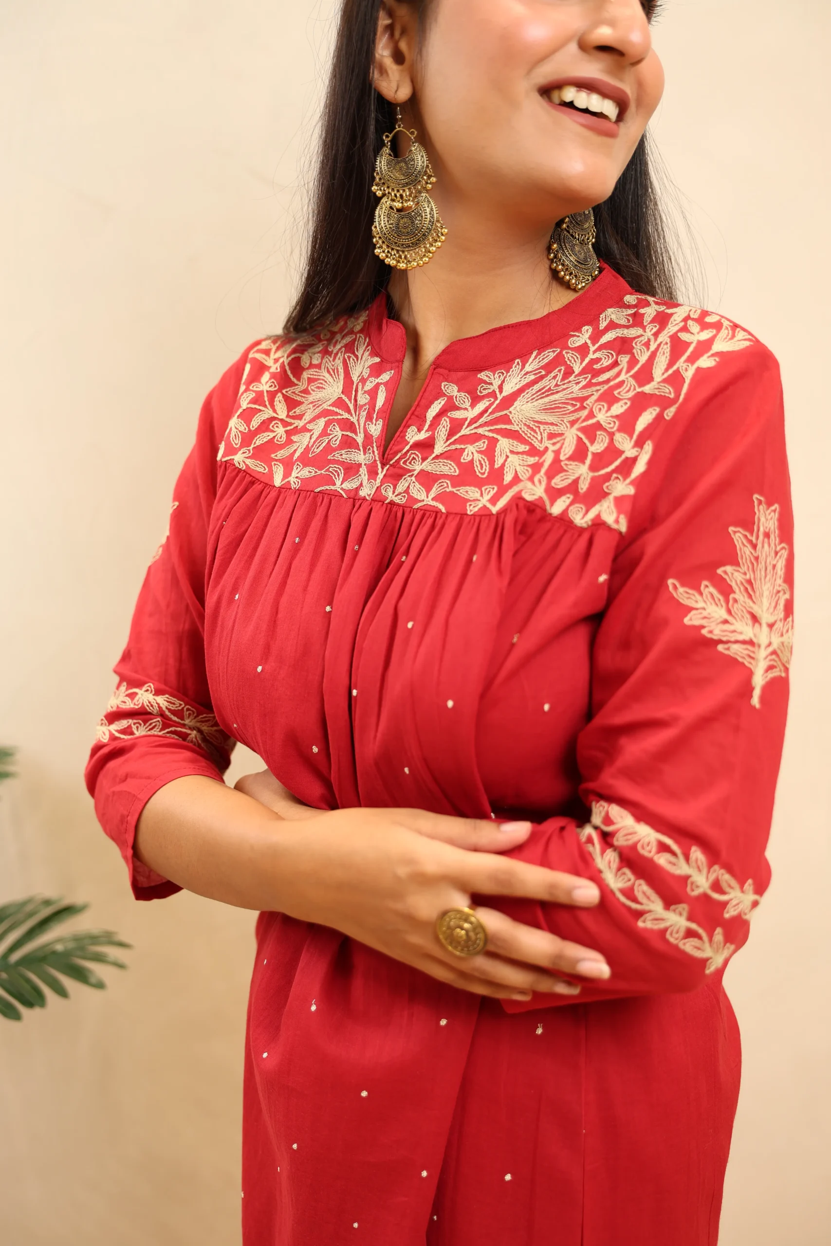 Maroon Anarkali Frock Featuring Thread Work with Cotton Dupatta - Image 5