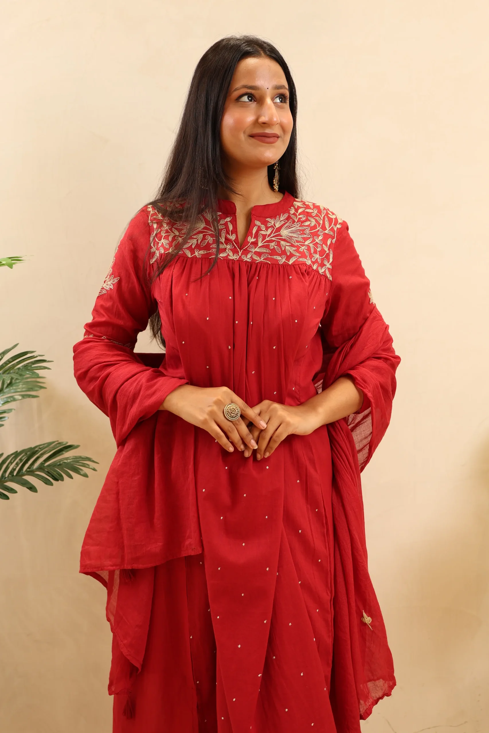 Maroon Anarkali Frock Featuring Thread Work with Cotton Dupatta - Image 4