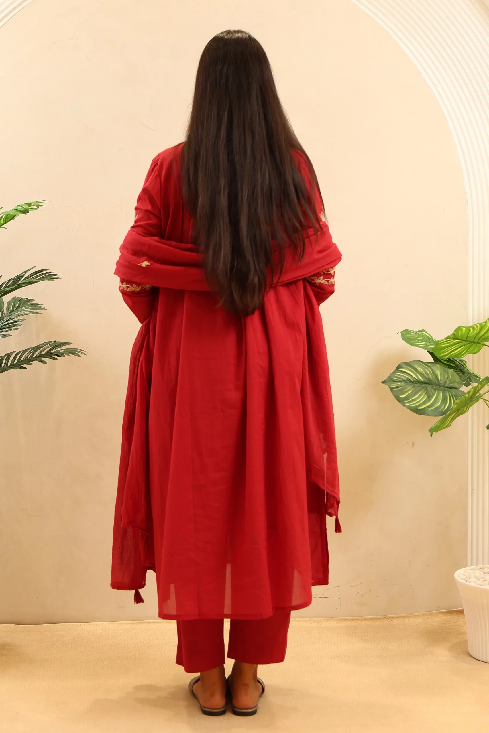 Maroon Anarkali Frock Featuring Thread Work with Cotton Dupatta - Image 9