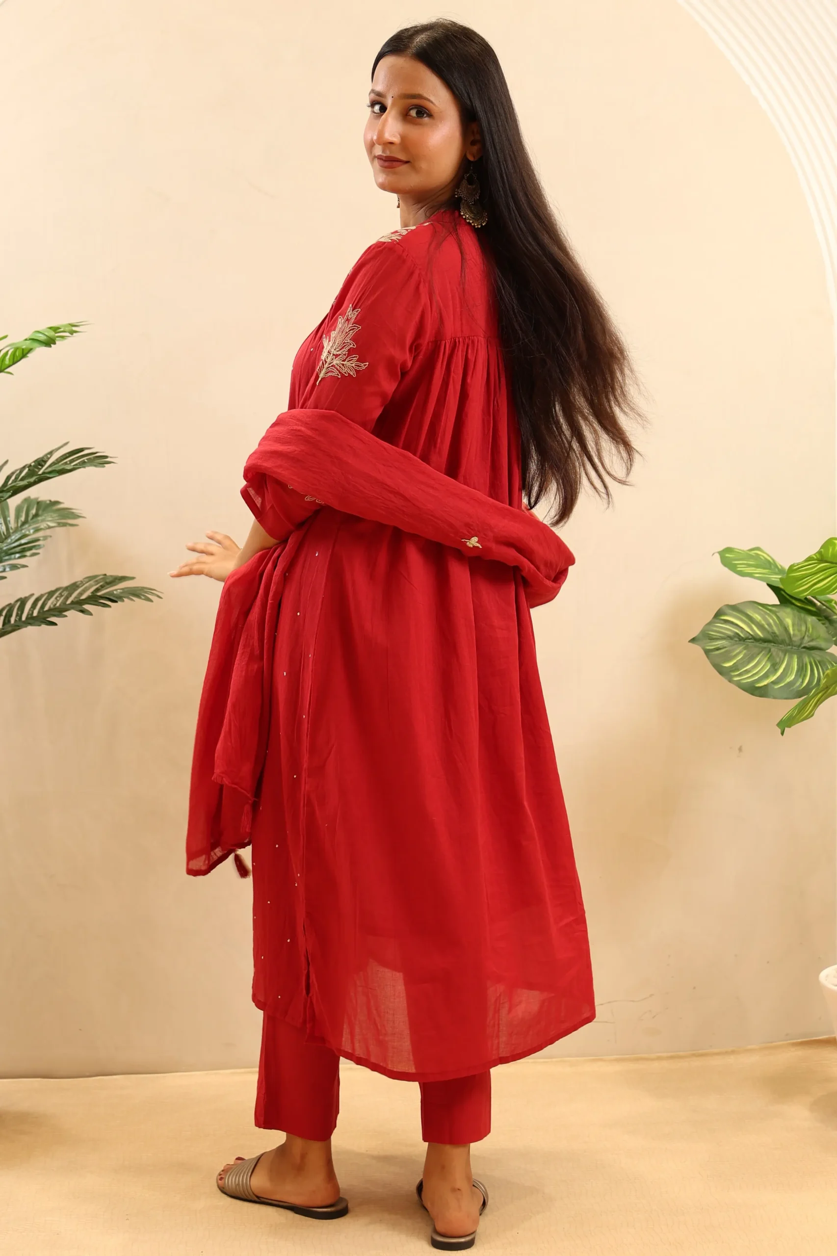 Maroon Anarkali Frock Featuring Thread Work with Cotton Dupatta - Image 6