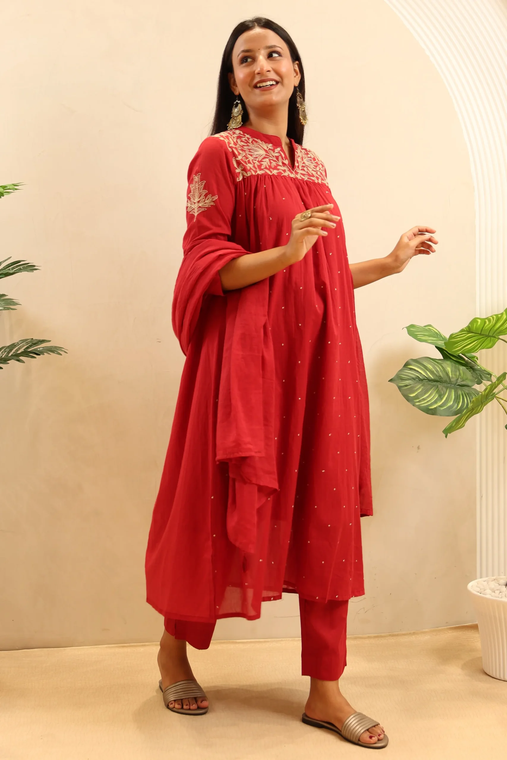 Maroon Anarkali Frock Featuring Thread Work with Cotton Dupatta - Image 2