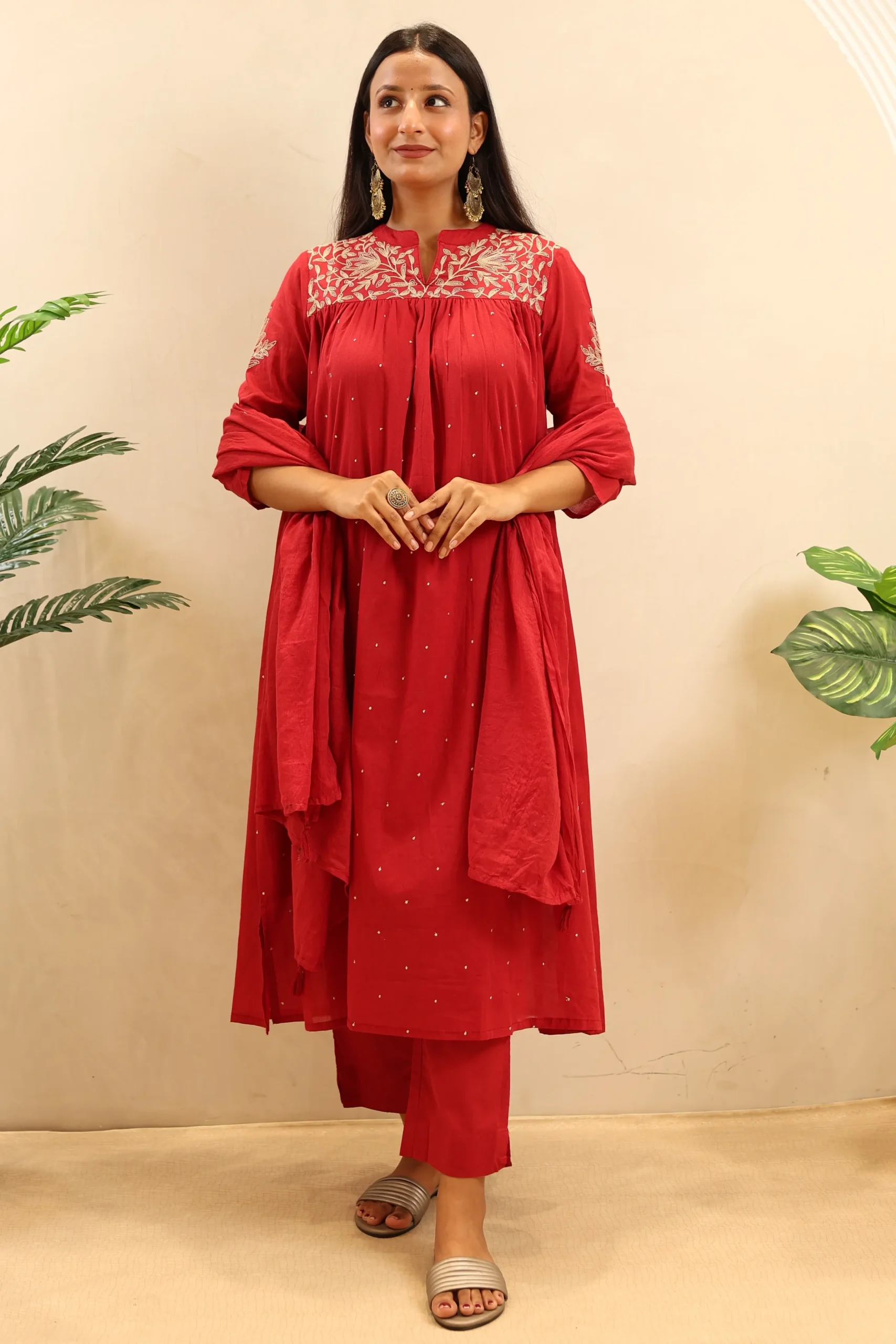 Maroon Anarkali Frock Featuring Thread Work with Cotton Dupatta