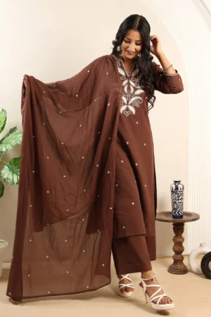 Brown Straight-Line Three-Piece Suit with Cotton Dupatta