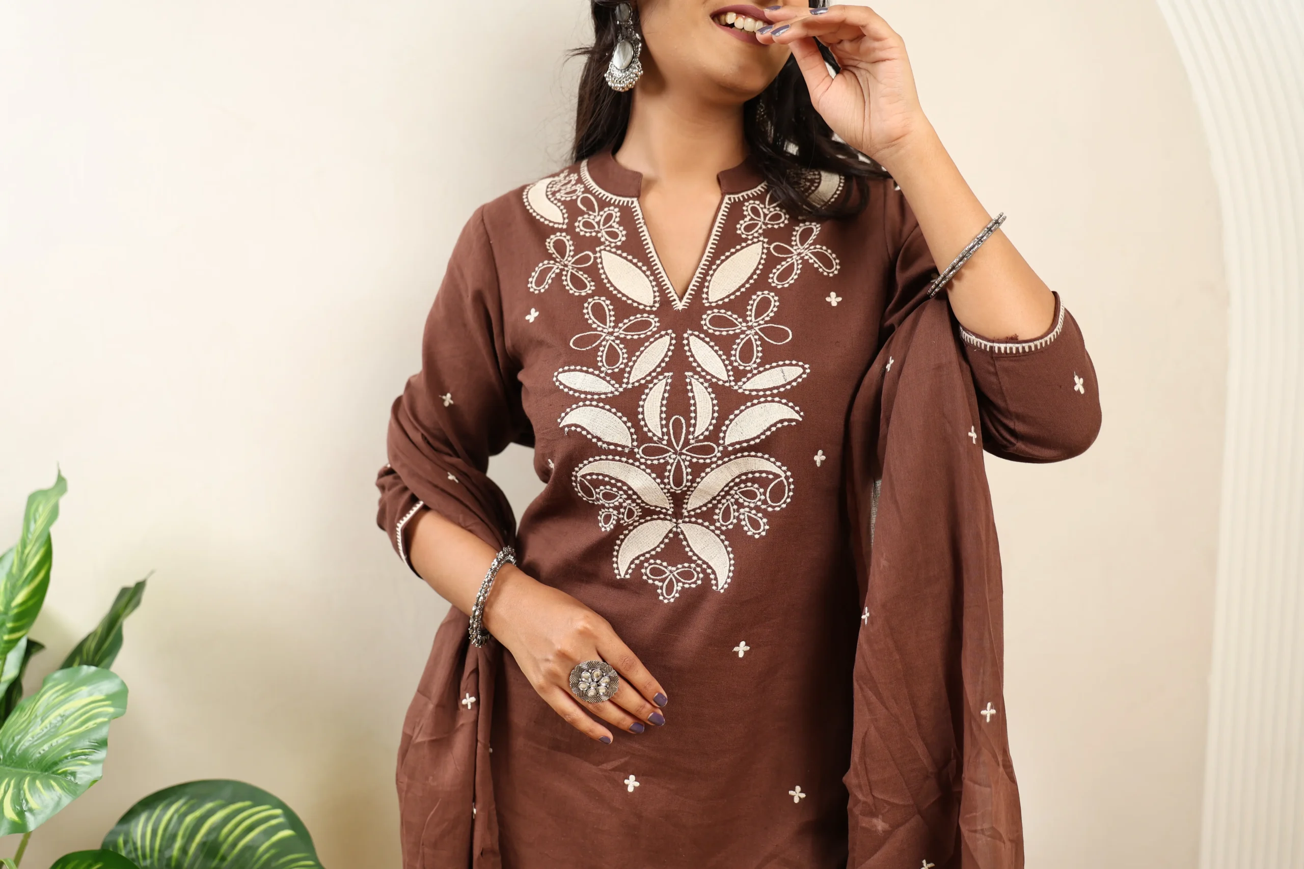 Brown Straight-Line Three-Piece Suit with Cotton Dupatta - Image 2