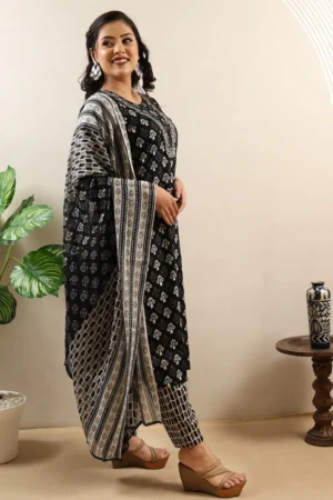 Black Printed Cotton Suit with V-Shape Neck and Cotton Dupatta