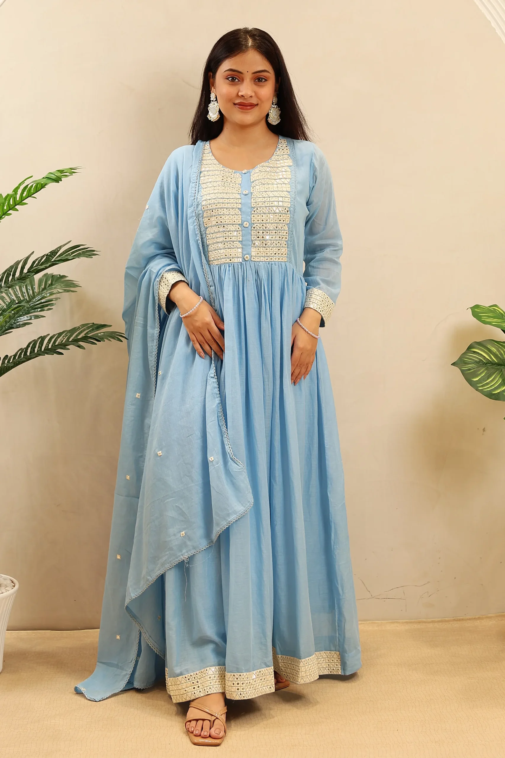 Long Cotton Anarkali with Thread Work on the Neck and Cotton Dupatta