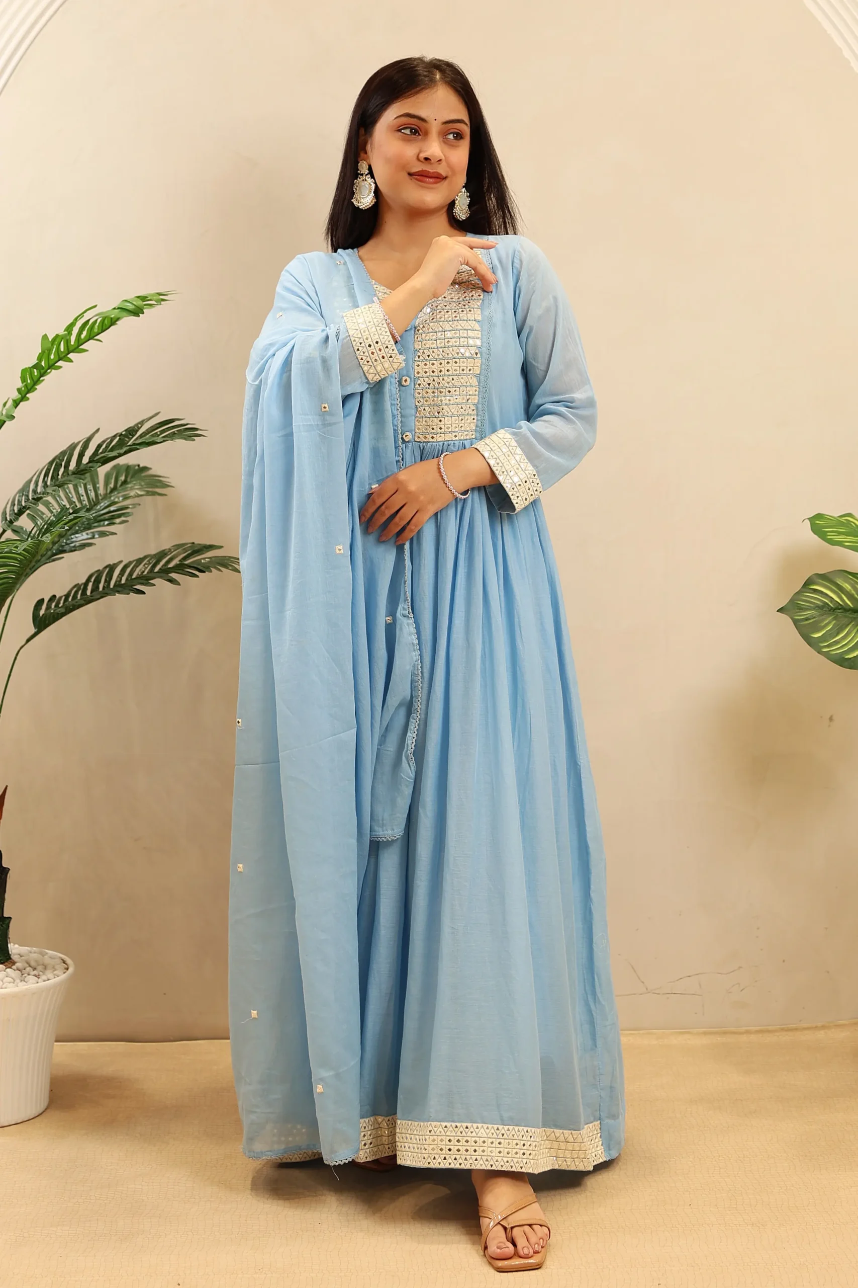 Long Cotton Anarkali with Thread Work on the Neck and Cotton Dupatta - Image 2