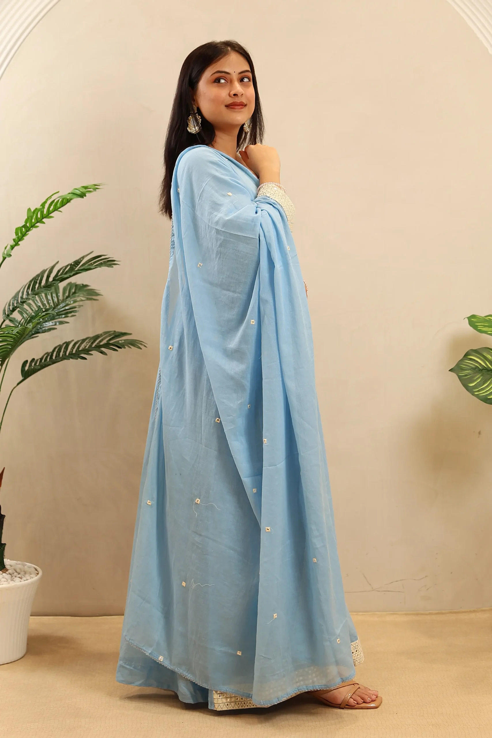 Long Cotton Anarkali with Thread Work on the Neck and Cotton Dupatta - Image 3